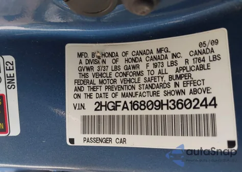 2009 Honda Civic Ex из США, поврежденный, VIN 2HGFA16809H360244